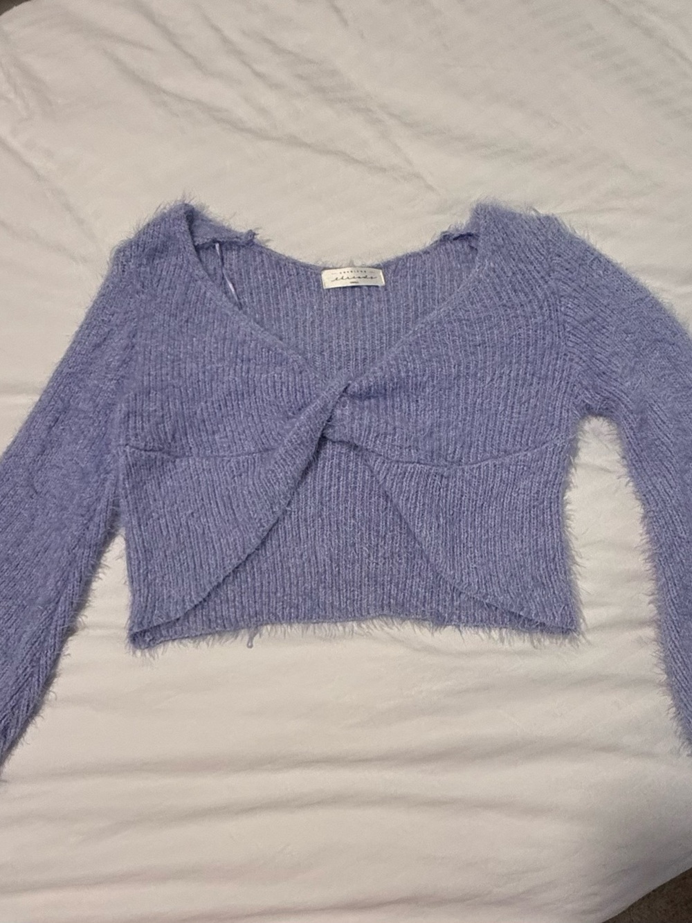 American Threads Lavender Fuzzy Knit Twist-Front Cropped Sweater